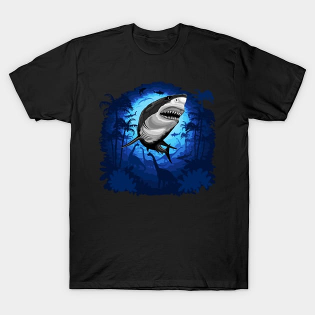 Great White Shark on Surreal Jurassic Underwater Scenery T-Shirt by BluedarkArt